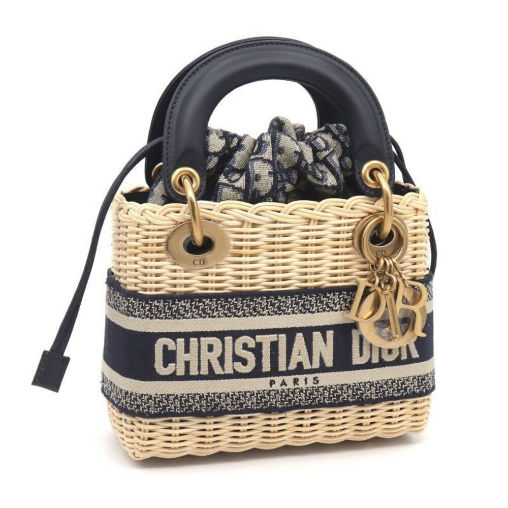 Christian Dior Lady Bag Rattan Oblique Jacquard Handbag Canvas Leather Navy Blue